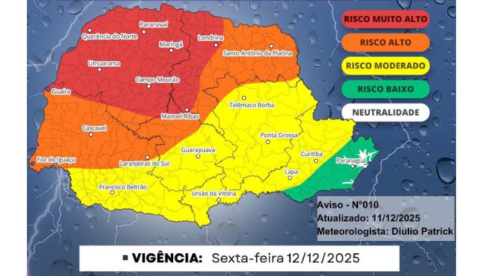  Paraná terá tempestades severas neste fim de semana, aponta previsão do Simepar